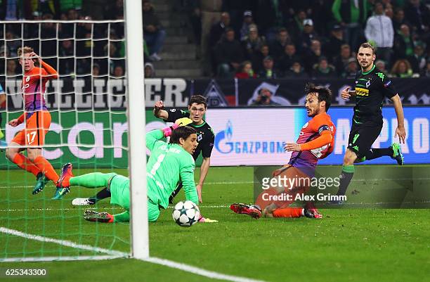 David Silva of Manchester City scores the equaliser on the stroke of half time during the UEFA Champions League match between VfL Borussia...