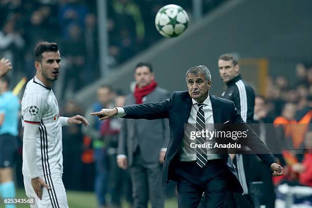 Head coach of Besiktas Senol Gunes gestures during the UEFA Champions League Group B football match between Besiktas and Benfica at Vodafone Arena in...