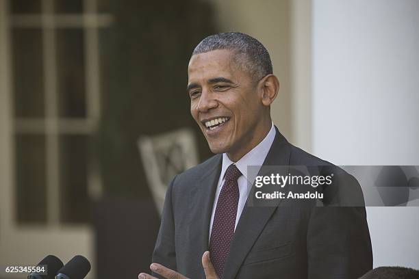 President Barack Obama pardons Tater, his last National Thanksgiving Turkey as President, during a ceremony in the Rose Garden at the White House in...