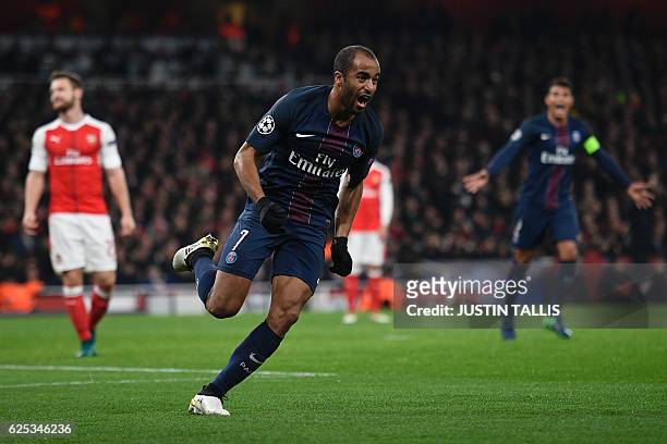 Paris Saint-Germain's Brazilian midfielder Lucas Moura celebrates scoring their second goal to equalise 2-2 during the UEFA Champions League group A...