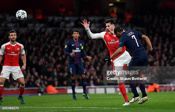 Lucas of PSG scores his sides second goal during the UEFA Champions League Group A match between Arsenal FC and Paris Saint-Germain at the Emirates...