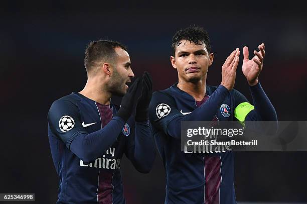 Jese of PSG and Thiago Silva of PSG shows appreciation to the fans after the final whistle during the UEFA Champions League Group A match between...