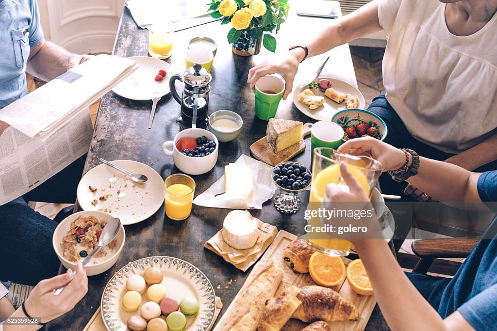 High angle view on french family breakfast table