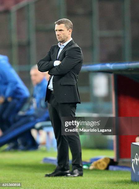 Head coach of Dynamo Kyiv Serhiy Rebrov during the UEFA Champions League match between SSC Napoli and FC Dynamo Kyiv at Stadio San Paolo on November...