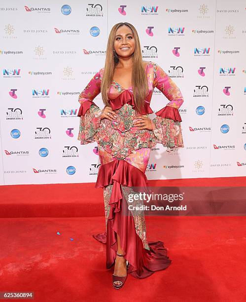 Jessica Mauboy arrives for the 30th Annual ARIA Awards 2016 at The Star on November 23, 2016 in Sydney, Australia.