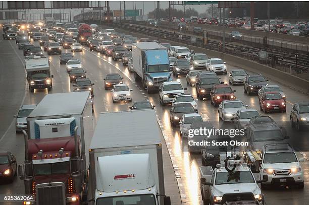 Travelers sit in a massive traffic jam as people hit the road for the holiday weekend on November 23, 2016 in Chicago, Illinois. The American...