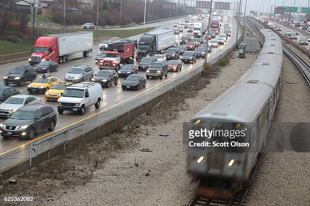 Travelers sit in a massive traffic jam as people hit the road for the holiday weekend on November 23, 2016 in Chicago, Illinois. The American...