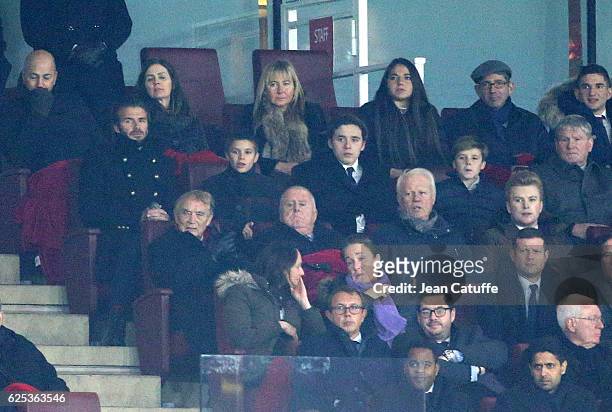 David Beckham and his three sons Romeo Beckham, Brooklyn Beckham, Cruz Beckham attend the UEFA Champions League match between Arsenal FC and Paris...
