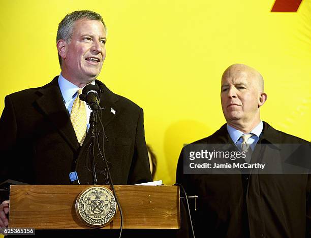 New York City Mayor Bill de Blasio and New York City Police Commissioner James O'Neill hold a press conference during the 90th Anniversary Macy's...