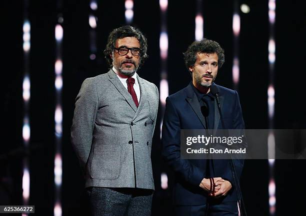 Jemaine Clement and Bret McKenzie present during the 30th Annual ARIA Awards 2016 at The Star on November 23, 2016 in Sydney, Australia.