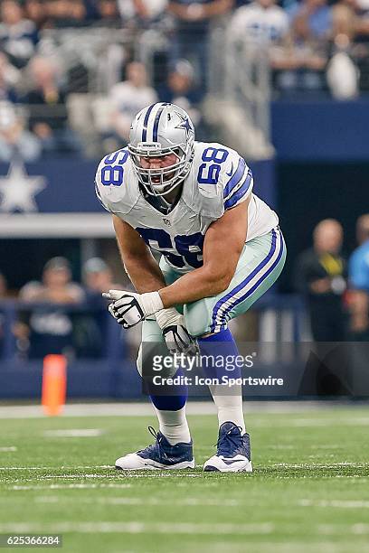Dallas Cowboys Offensive Tackle Doug Free gets set during the NFL game between the Baltimore Ravens and Dallas Cowboys on November 20 at AT&T Stadium...