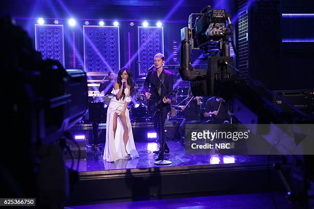 Episode 0577 -- Pictured: Musical guests Camila Cabello and Machine Gun Kelly perform on November 23, 2016 --