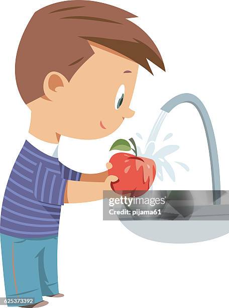 washing fruit, apple - child drinking water stock illustrations