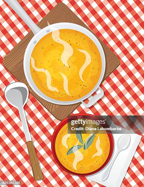 essen kochen flach lay mit butternut squash suppe - overheadprojektor stock-grafiken, -clipart, -cartoons und -symbole