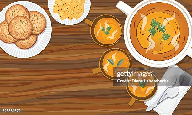 food cooking flat lay with butternut squash soup - napkin overhead stock illustrations