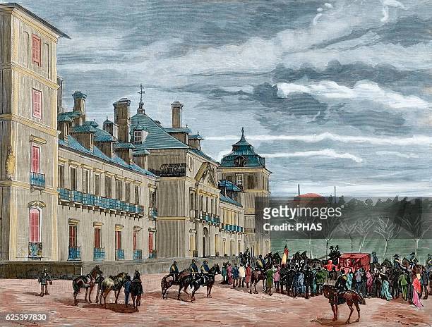 King of Spain Alfonso XII and queen consort Maria Christina of Austria arriving at Royal Palace of El Pardo. Engraving by Rico. La Ilustracion...