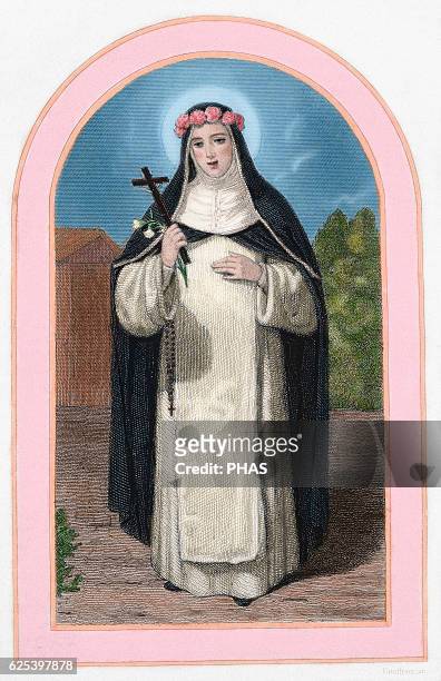 Saint Rose of Lime . Mystic tertiary Dominic. Colored engraving. 19th century.