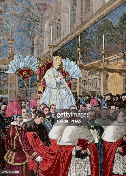 Leo XIII . Italian Pope , named Vincenzo Gioacchino Pecci. Pope Leo XIII giving a blessing Urbi et Orbi, after the Pontifical Mass from the...
