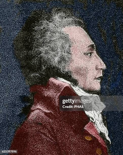 Maximilien Robespierre . French lawyer and politician. Figure of the French Revolution. Member of Lacobin Club. Engraving. Portrait. Colored.