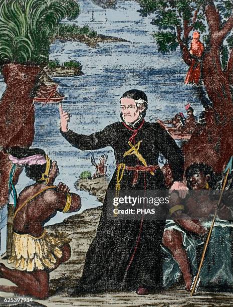 Antonio Vieira . Portuguese Jesuit philosopher and writer. Vieira preaching in Brazil. Colored engraving.