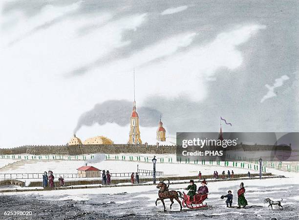 18th century. Russia, St. Petersburg. Peter and Paul Fortress and Neva River. Engraving . Colored.