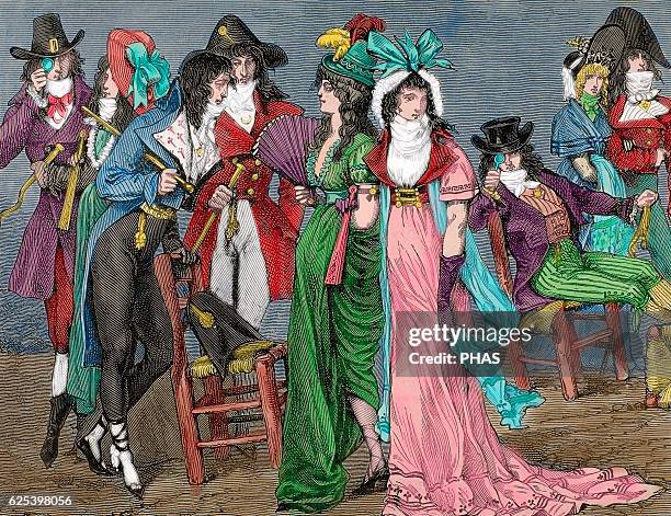 French history. First Empire . Dressed as bourgeois fashion empire style. Engraving, 19th century, Colored.