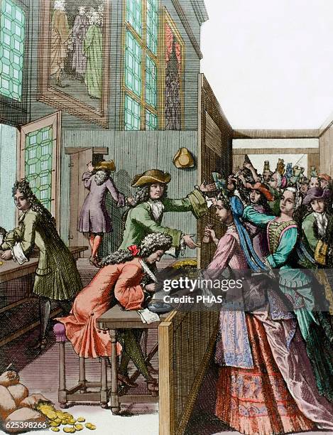 History of France. 18th century. Tributes to the King. French people paying their taxes. Engraving. Colored.