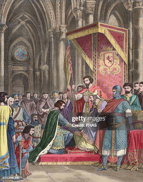 Alfonso VI , the Brave. King of Leon, Castile and Galicia. Oath of Santa Gadea, 1072. Alfonso VI and El Cid. Engraving in History of Spain, 19th...