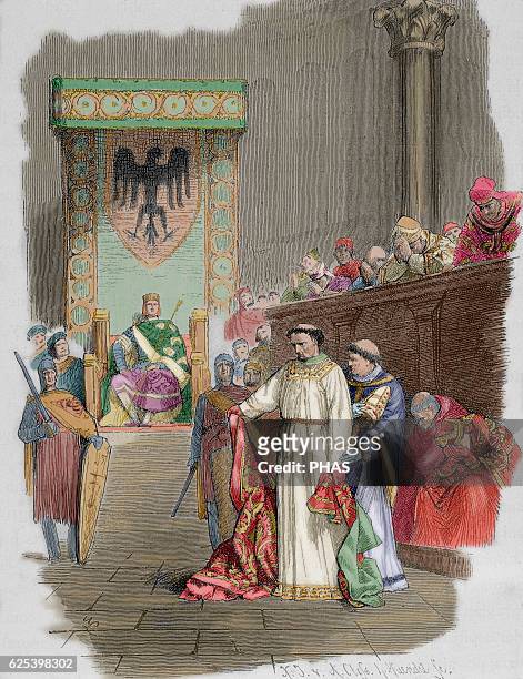 Henry III . Called the Black. Holy Roman Emperor. Synod of Sutri . Engraving by A. Closs. Colored.