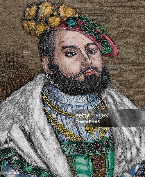 John Frederick I , called John the Magnanimous, Elector of Saxony and Head of the Protestant Confederation of Germany. Engraving, Portrait, Colored.