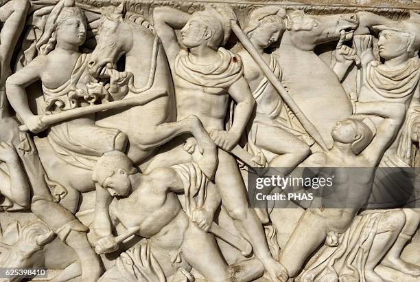 Amazon sarcophagus. Marble. Tel Mevorah. Roman Period. Early 3rd century AD. Detail. Batlle between the Amazons and the Greeks. Relief. Rockefeller...