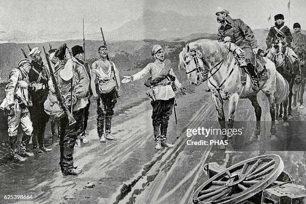 Russo-Japanese War . A General of the Russian division met an official of one of their regiments, accompanied by a few soldiers due to the casualties...