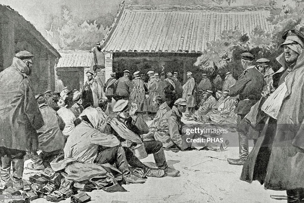 Russian soldiers wounded and convalescing in a village in Manchuria.