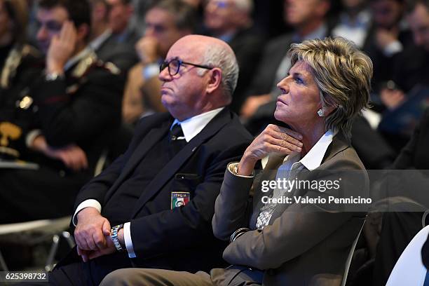 President of Italian Football Federation Carlo Tavecchio and FIFA Council member Evelina Christillin attend the unveiling of the 'Bilancio Integrato...