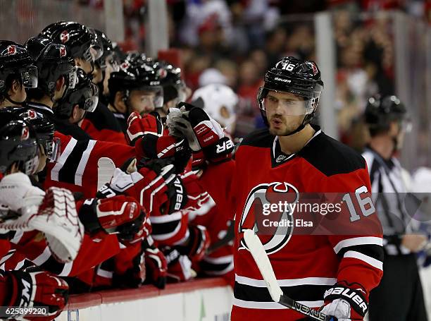 Jacob Josefson of the New Jersey Devils celebrates his goal in the overtime shootout against the Toronto Maple Leafs on November 23, 2016 at...