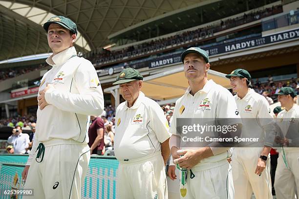 Steve Smith of Australia and David Warner of Australia look on during day one of the Third Test match between Australia and South Africa at Adelaide...