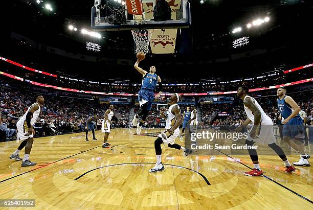 Zach LaVine of the Minnesota Timberwolves dunks the ball during the first half of a game against the New Orleans Pelicans at the Smoothie King Center...