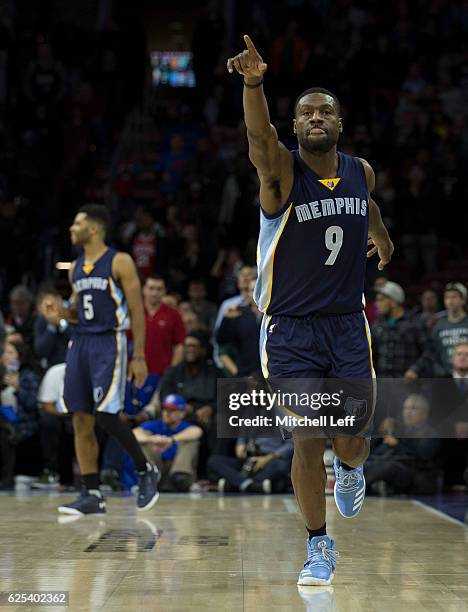 Tony Allen of the Memphis Grizzlies reacts in the fourth quarter against the Philadelphia 76ers at Wells Fargo Center on November 23, 2016 in...