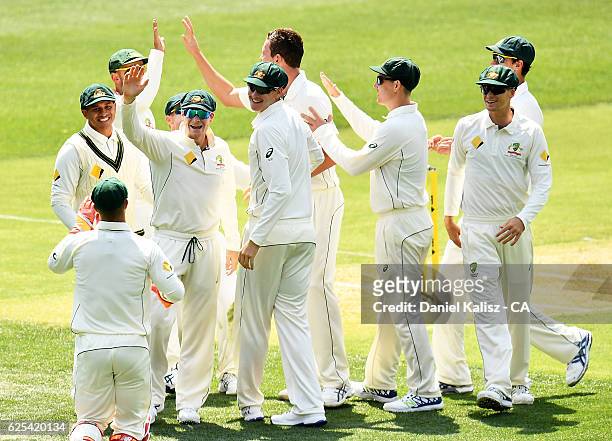 Steven Smith of Australia reacts after Josh Hazlewood of Australia takes the wicket of Jean-Paul Duminy of South Africa who is caught by Matthew Wade...