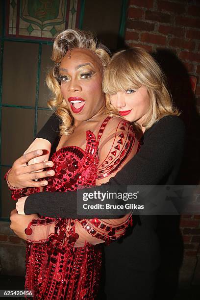 Todrick Hall as "Lola" and Taylor Swift pose backstage at the musical "Kinky Boots" on Broadway at The Al Hirschfeld Theater on November 23, 2016 in...