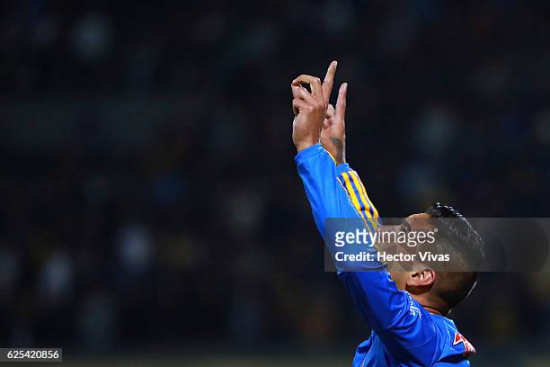 Ismael Sosa of Tigres celebrates after scoring the first goal of his team during the quarter finals first leg match between Pumas UNAM and Tigres...