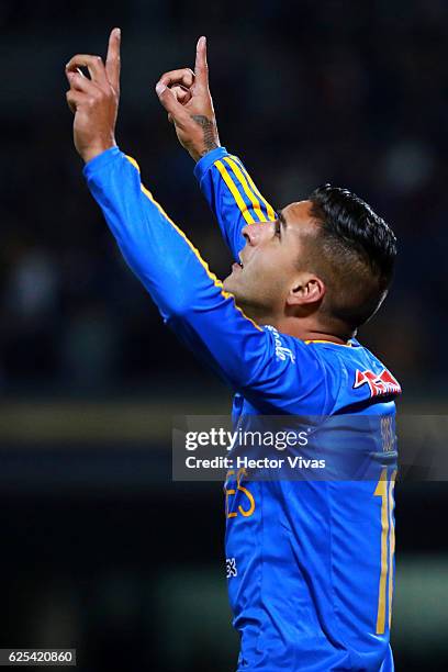 Ismael Sosa of Tigres celebrates after scoring the first goal of his team during the quarter finals first leg match between Pumas UNAM and Tigres...