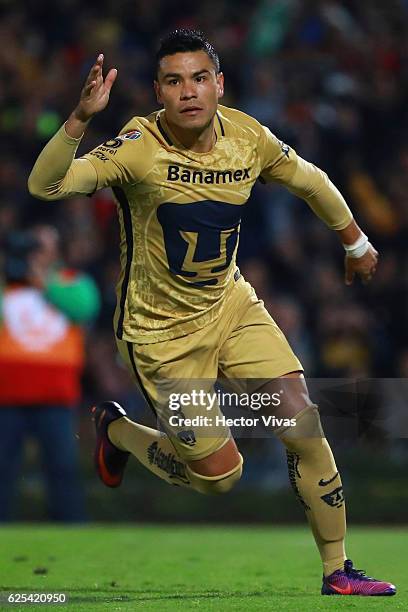 Pablo Barrera of Pumas celebrates after scoring the first goal of his team during the quarter finals first leg match between Pumas UNAM and Tigres...