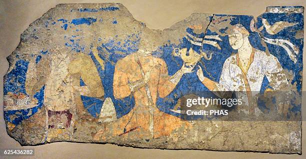 Sogdia. Pre-Islamic Central Asia. Mural. Feasting ones "Artists". Wall painting. Glue colour on dry loess plaster. First half of the 8th C....