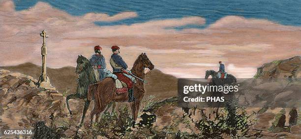 Spain. Third Carlist War . Alava, Salvatierra, Arricruz site. Two Carlist horsemen. Engraving by Capuz. La Ilustracio_n Espan_ola y Americana, 1875....