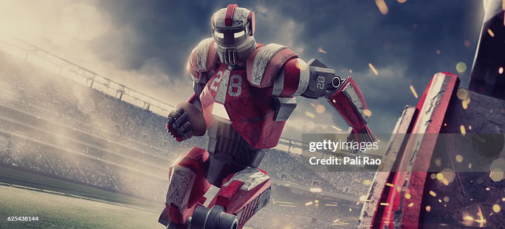 Futuristische American Football Roboter läuft mit Ball während des Spiels