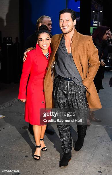 Gymnast Laurie Hernandez and professional dancer Val Chmerkovskiy leave the 'Good Morning America' taping at the ABC Times Square Studios on November...