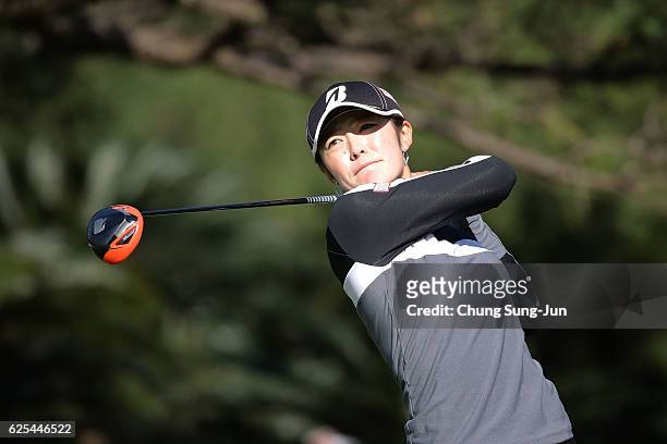 Ayaka Watanabe of Japan plays a tee shot on the 15th hole during the first round of the LPGA Tour Championship Ricoh Cup 2016 at the Miyazaki Country...