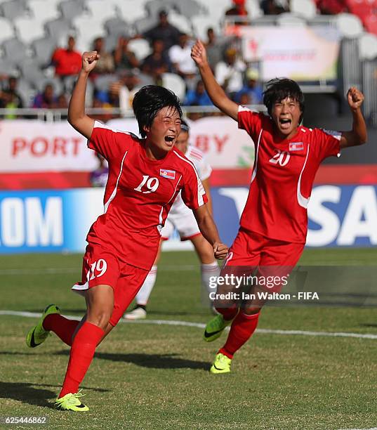 Ju Hyo Sim of Korea DPR celebrates scoring a goal during the FIFA U-20 Women's World Cup, Quarter Final match between Korea DPR and Spain at National...