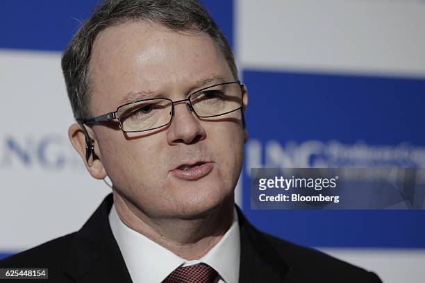 Peter Coleman, chief executive officer of Woodside Petroleum Ltd., speaks during a Bloomberg Television Interview at the LNG Producer-Consumer...